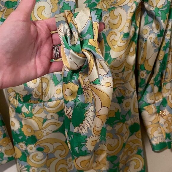 NWOT Zara Green and Yellow Paisley Floral Printed Wrap Satin Dress with headband - Picture 7 of 7